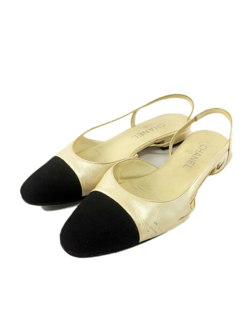 Chanel Ten Slingback Pumps Bicolor White Equivalent CC Logo Shoes 38.5
